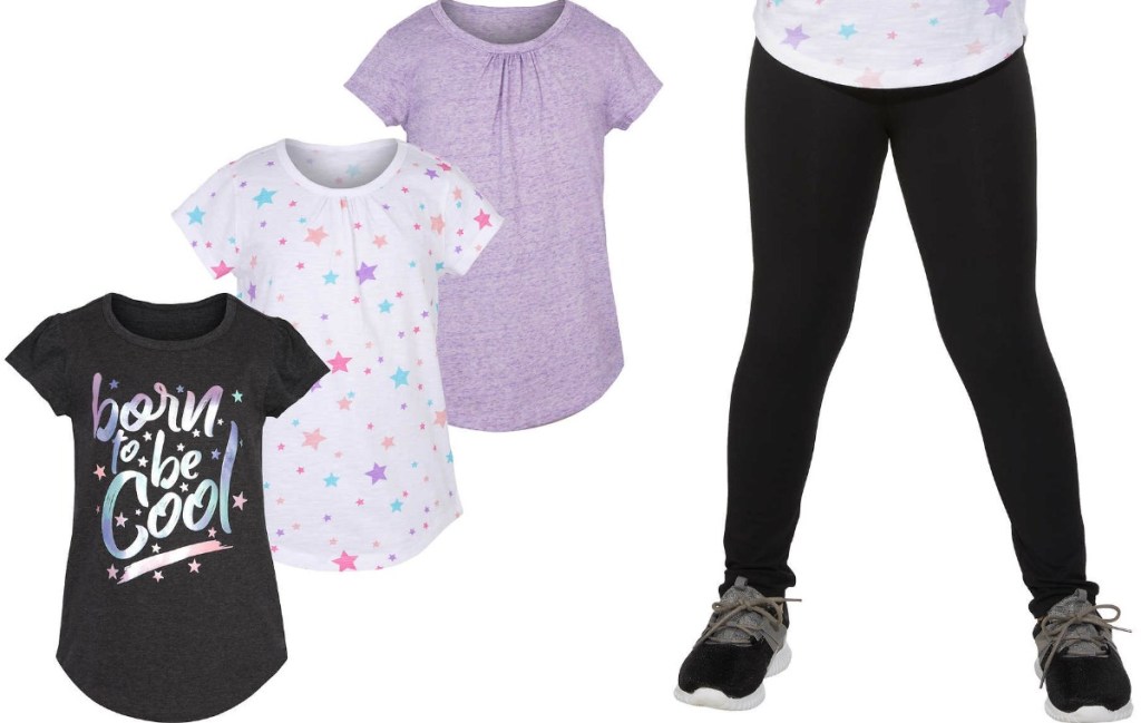 Girls three-pack tees and black leggings