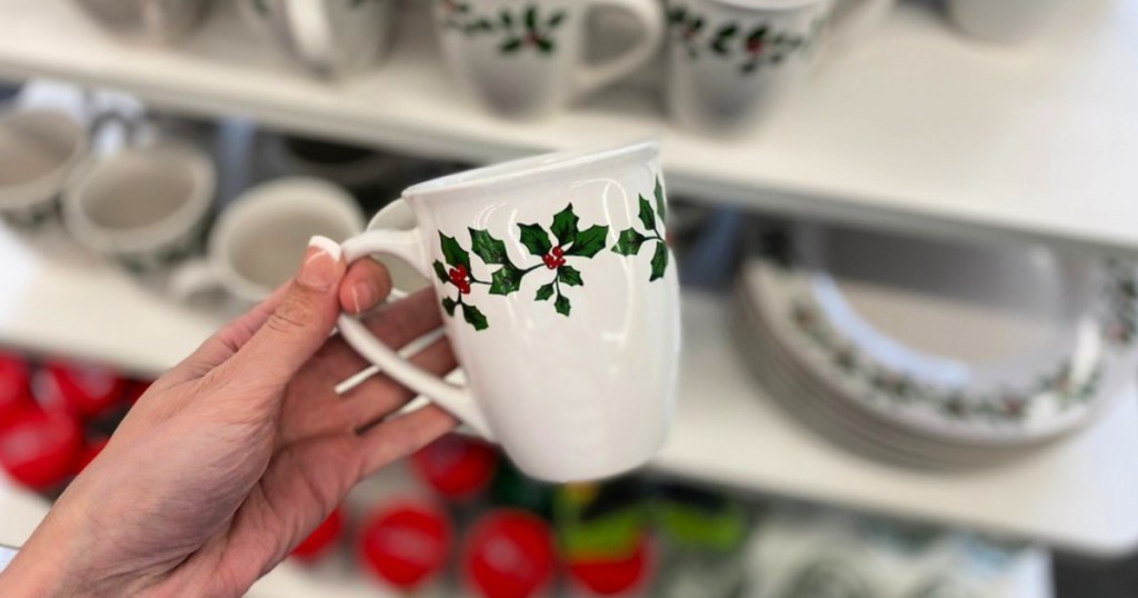 Holly Berry White Stoneware Mugs, 12 oz.