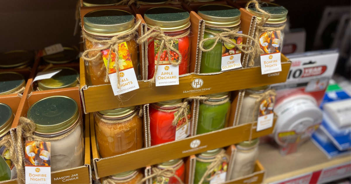 fall mason jar candles on shelf at aldi