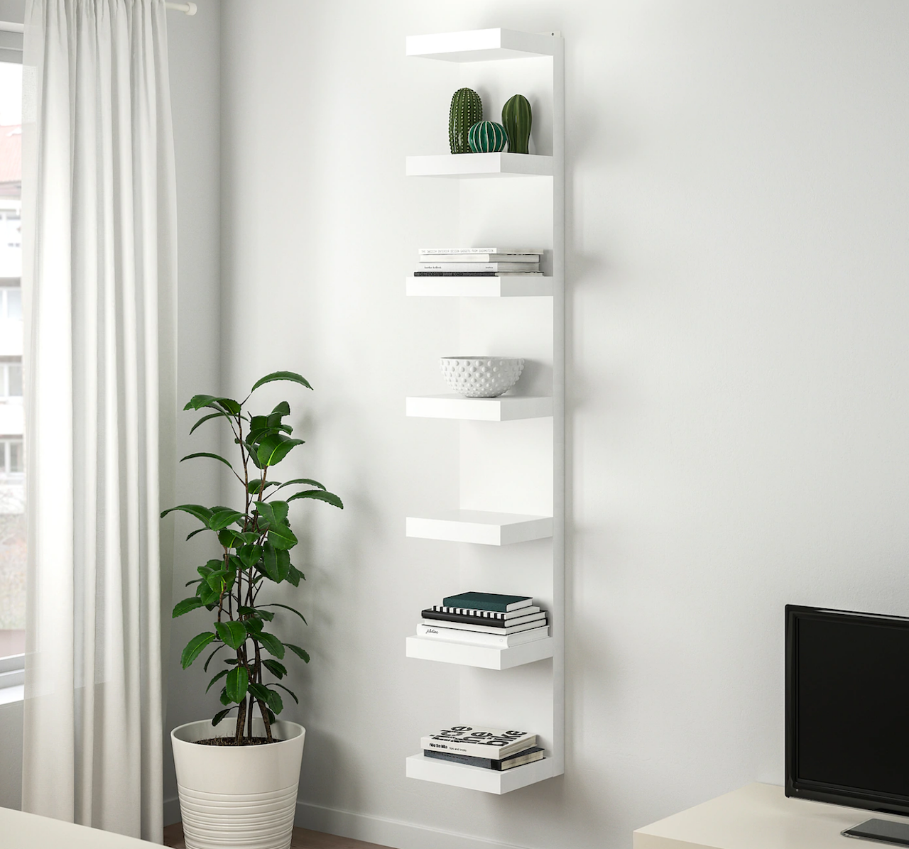 IKEA cheap shelves white wall unit with books and plant next to it
