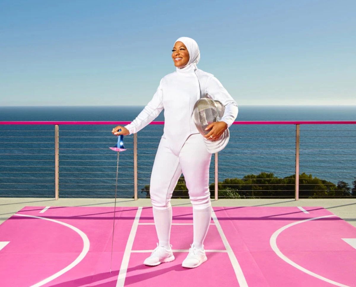 fencer on deck of Barbie DreamHouse