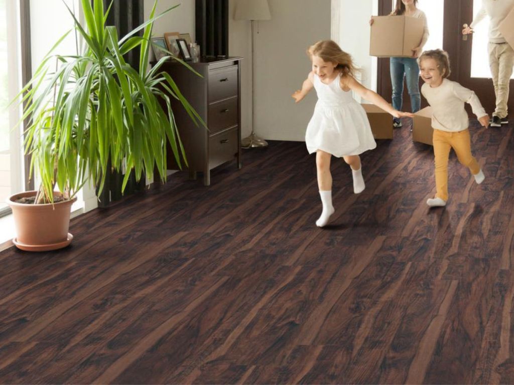 kids playing on MSI Centennial Aged Walnut Glue Down Luxury Vinyl Plank Flooring