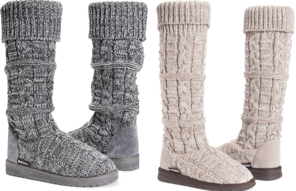 Two colors of Muk Luks cable knit boots