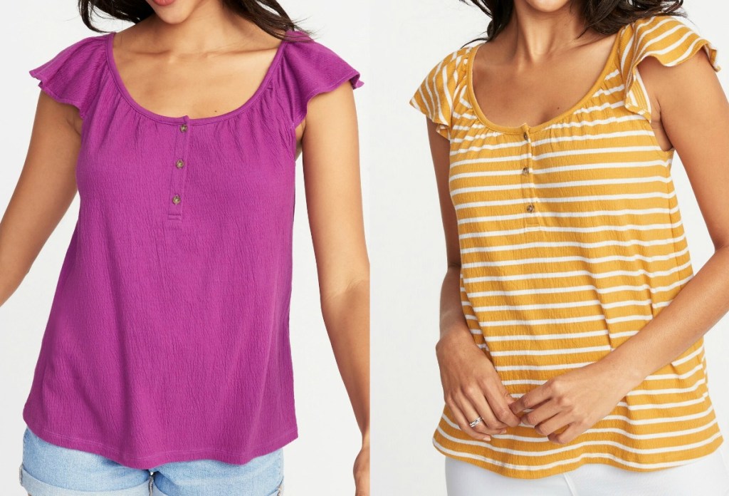 Woman wearing Old Navy Women's Relaxed Flutter-Sleeve Textured Top in two colors and styles