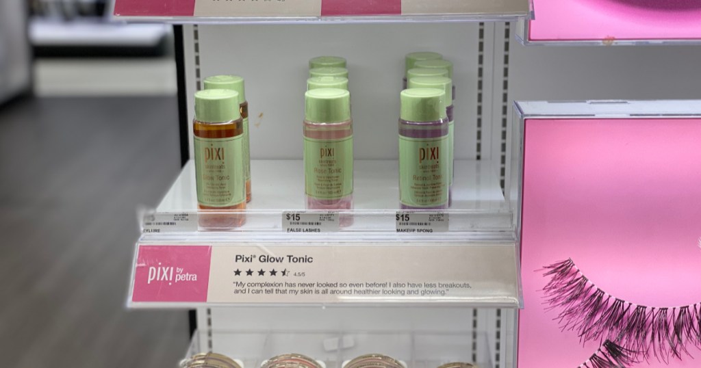 bottles of pixi skintreats tonic on shelf at target