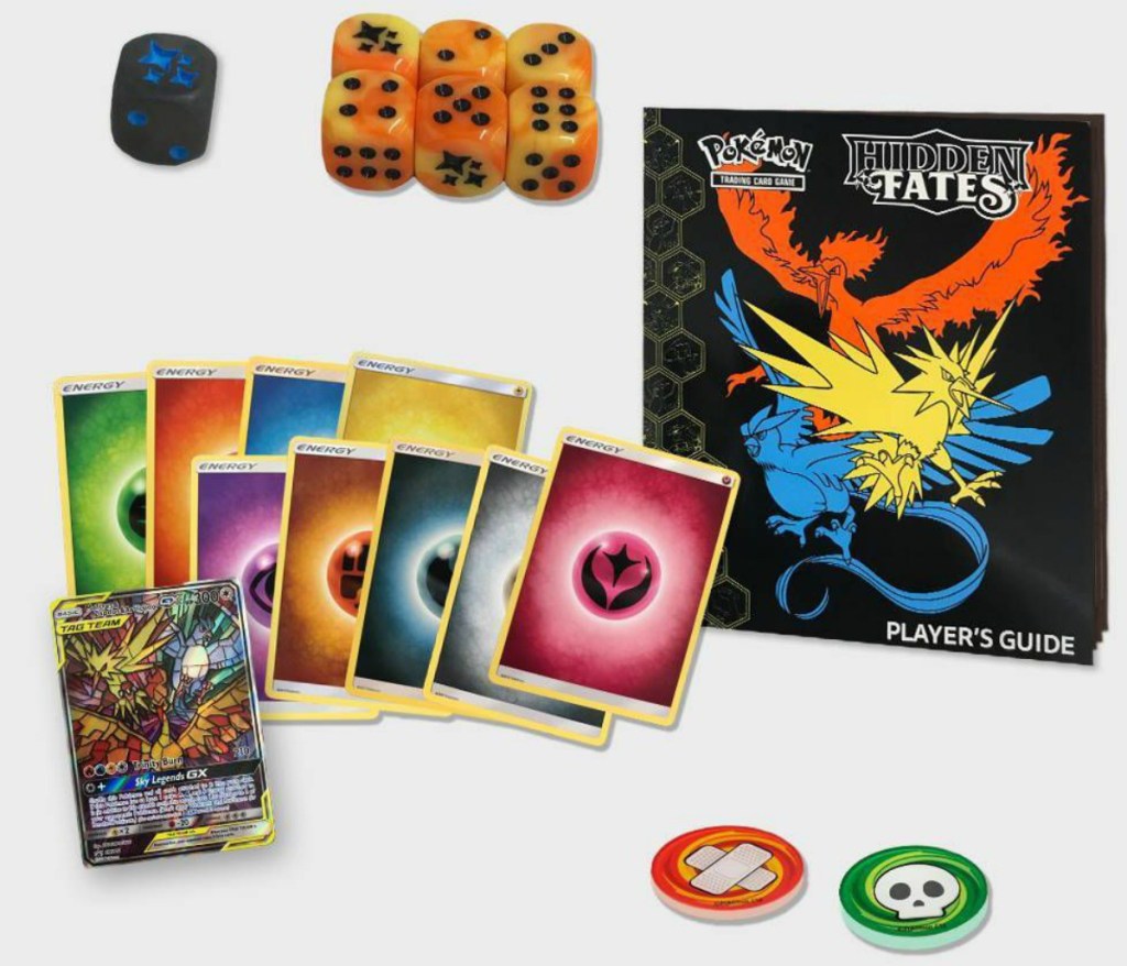 Pokemon Elite Trainer Box with cards and dice