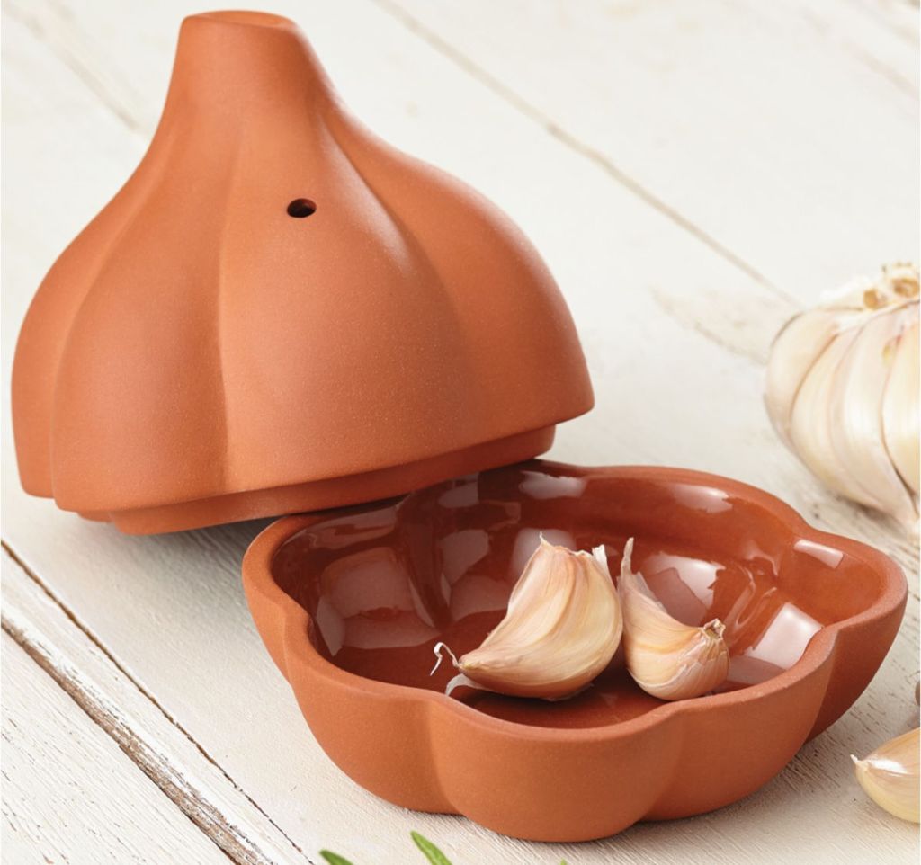 Rachael Ray Cucina Stoneware Garlic Roaster with garlic