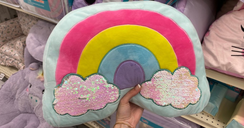 hand holding up rainbow pillow at big lots
