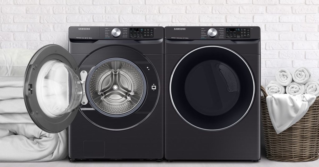 front-load washer and dryer with door on washer open