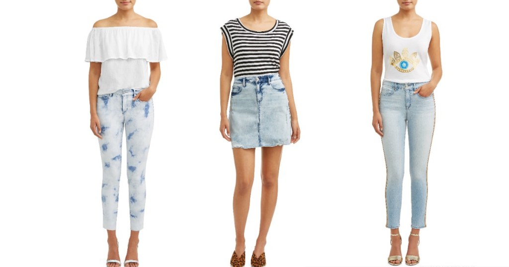 women wearing denim ejeans and skirt and casual tops