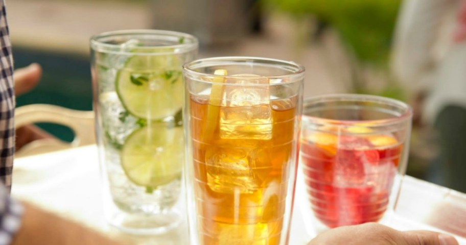 tervis tumblers with various types of iced drinks inside