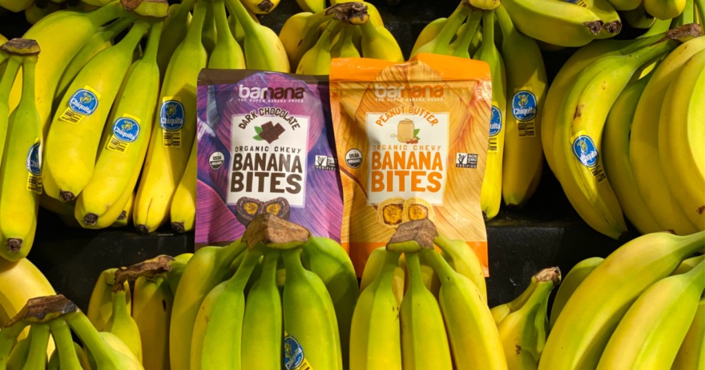 banana bites bags sitting on bananas