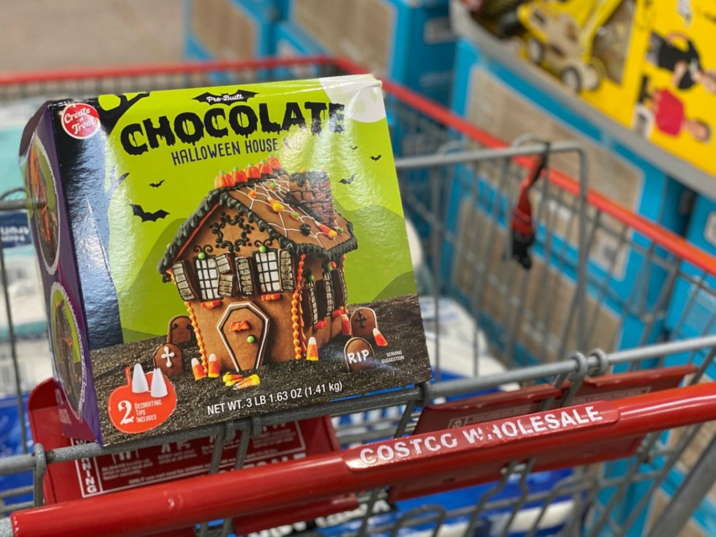 grocery cart with box of halloween house kit in it