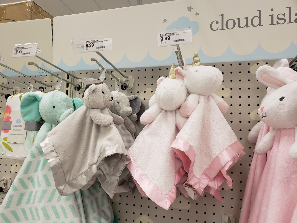 cloud island security blankets hanging in store