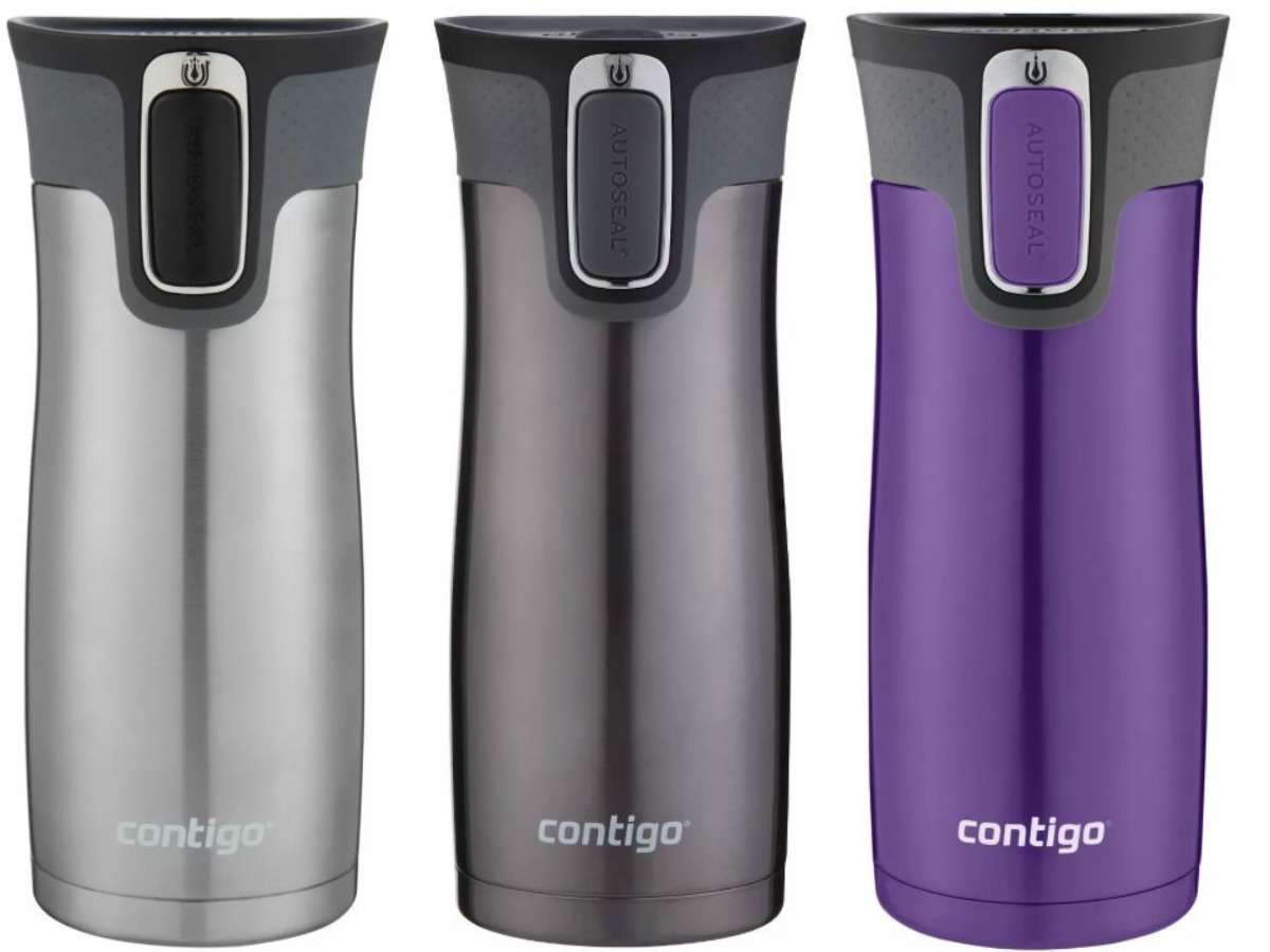 three colored water bottles