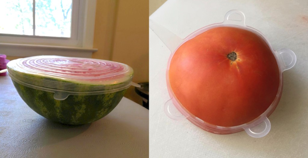 watermelon and tomato with silicone stretch lid on top