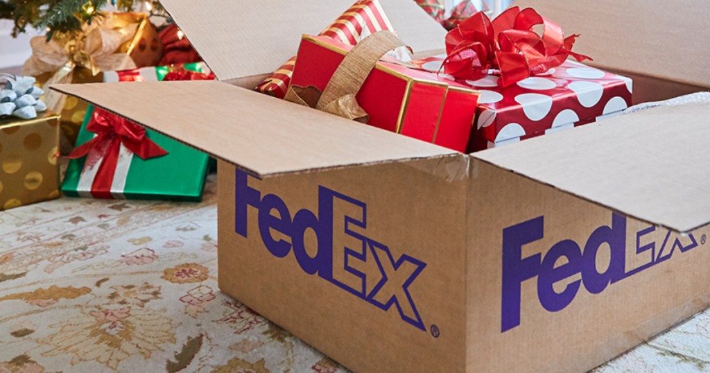 FedEx box filled with gifts