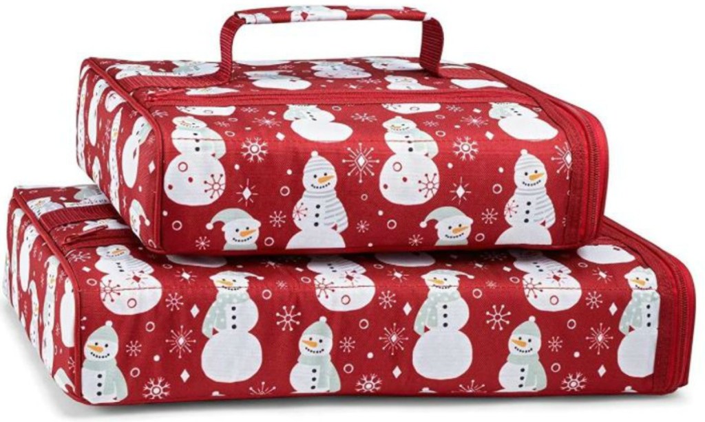 insulated food carriers with snowmen on them