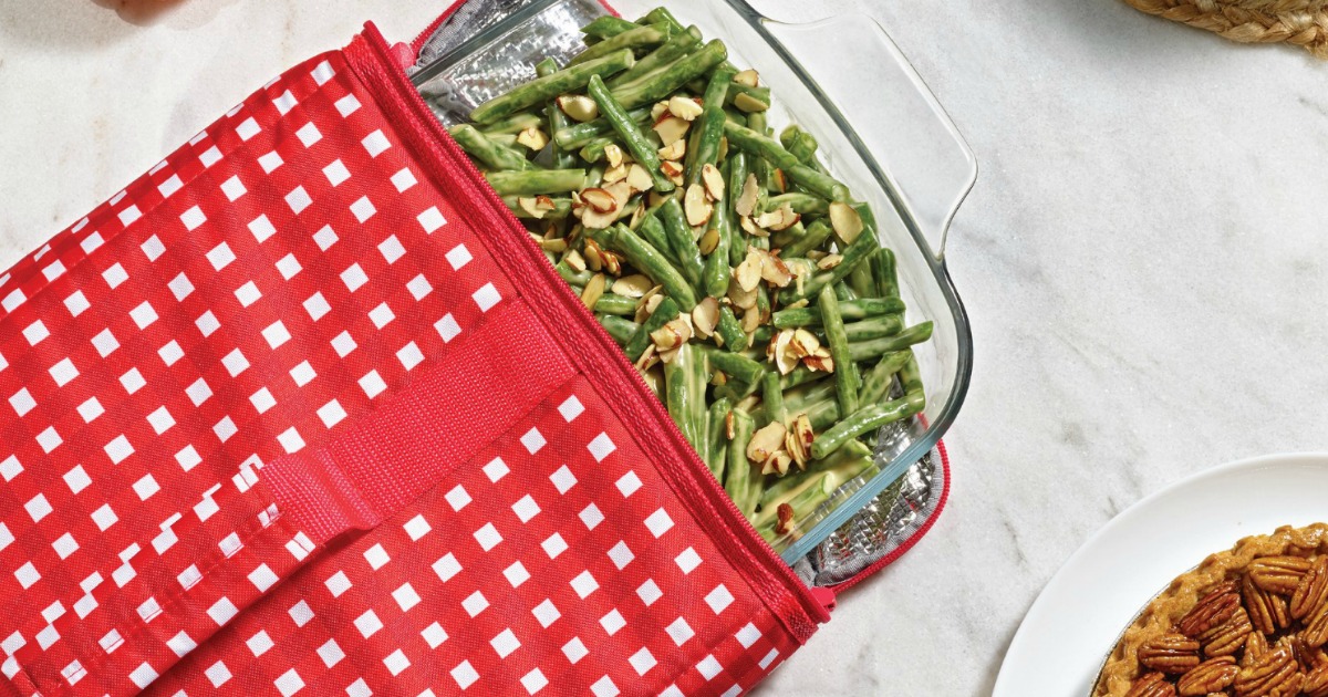 casserole dish being put into red carrier