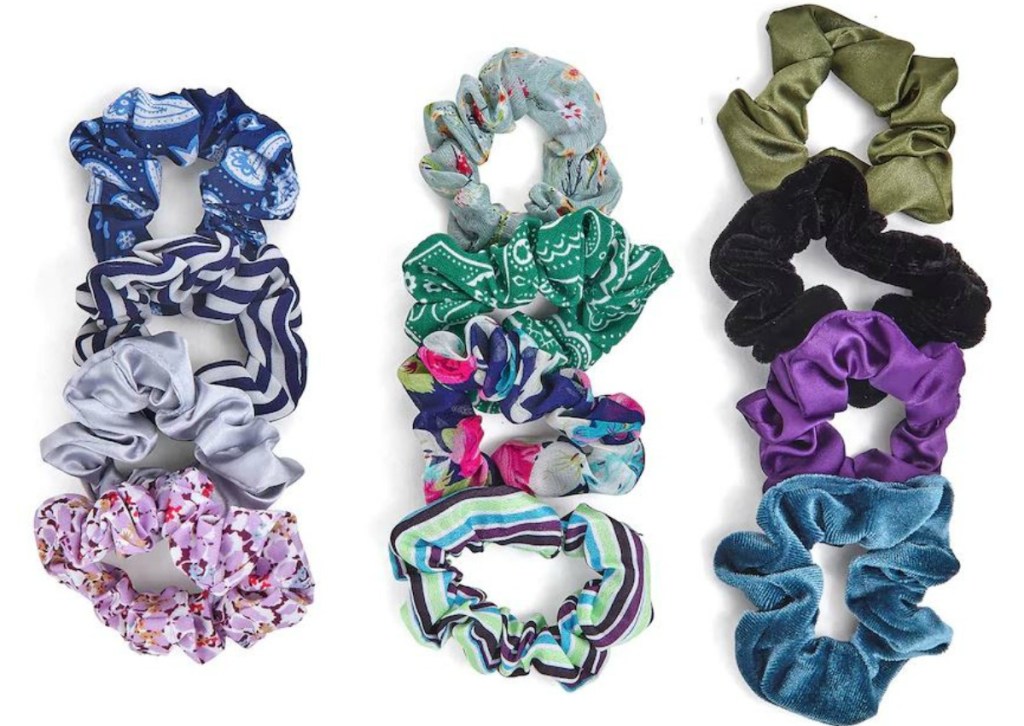 blue, pink and green hair scrunchies