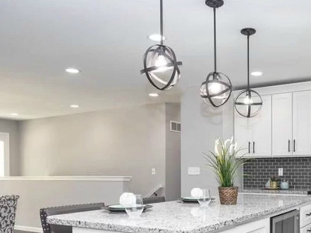 kitchen with hanging lights and plant on counter