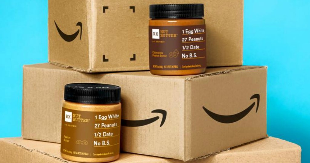 boxes from Amazon with peanut butter jars on them
