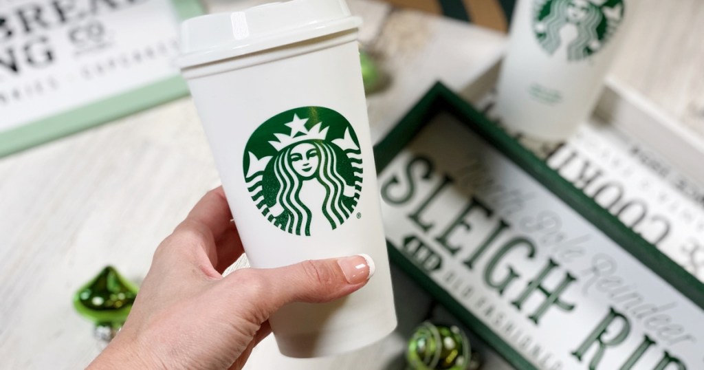 Starbucks cup with holiday decor