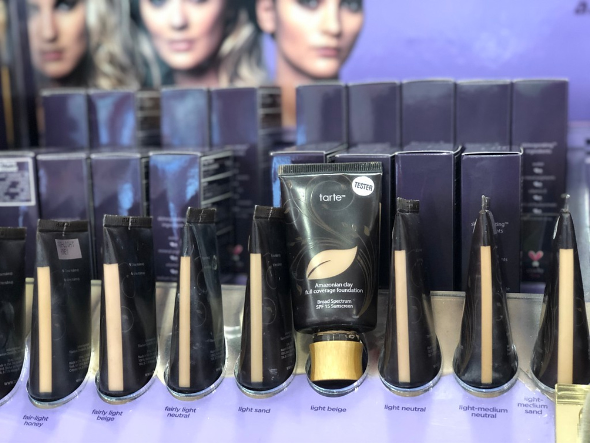 tarte foundation on shelf display in store