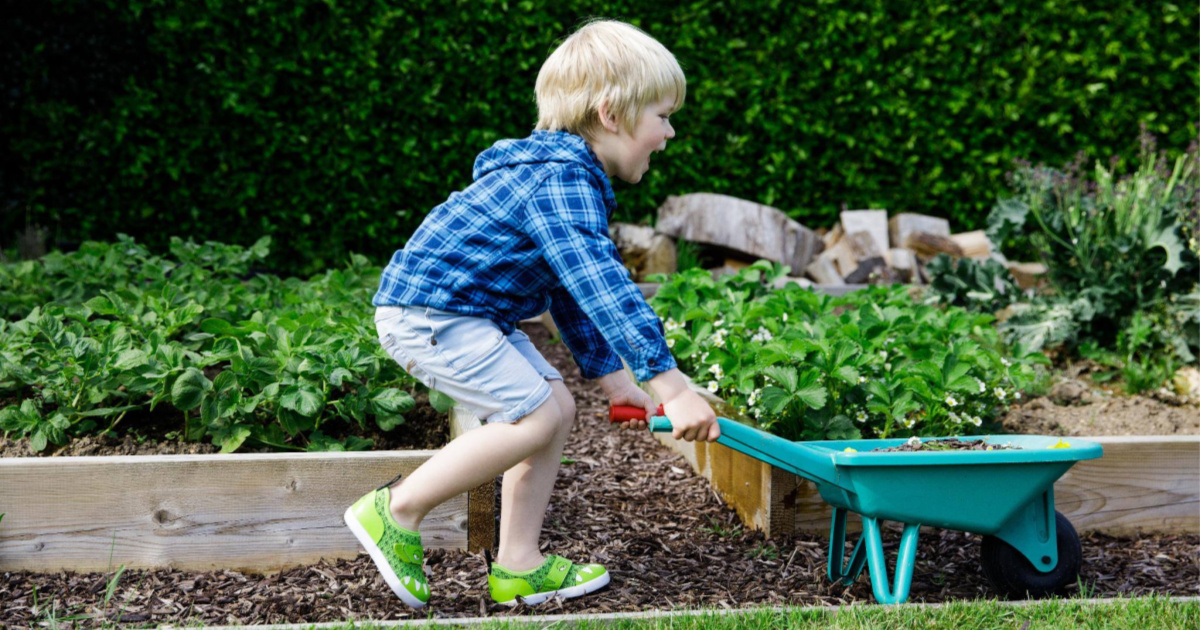 kid wearing gator muck shoes pushing a toy wheel barrel