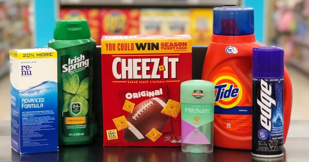 renu, irish spring, cheez-it crackers, mitchum, tide and edge shave gel at walgreens