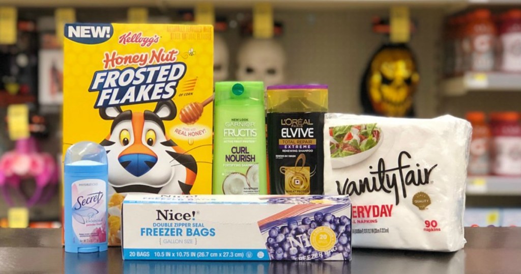 kellogg's cereal, garnier and l'oreal hair care, secret deodorant, nice! freezer bags and vanity fair napkins at walgreens