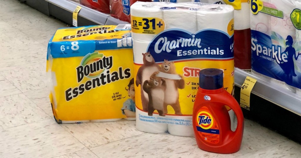 bounty paper towels, charmin toilet paper and tide laundry detergent at walgreens