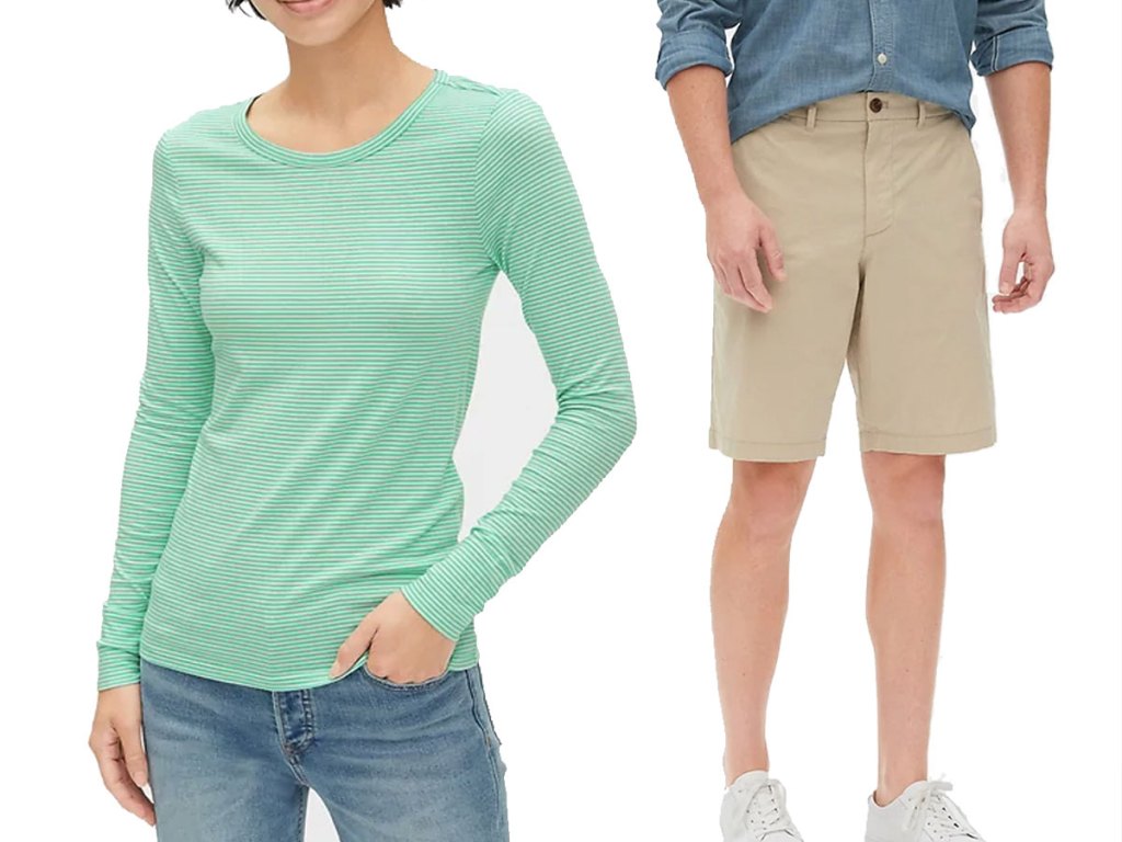 woman's long sleeve tshirt and men's shorts GAP