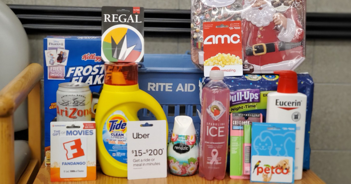 various items in front of a Rite Aid shopping basket