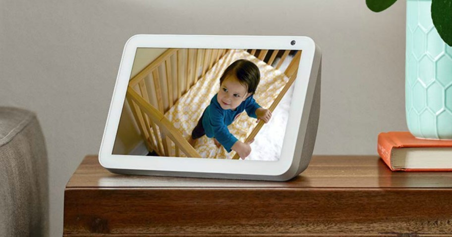white Amazon Echo Show 8 sitting on table