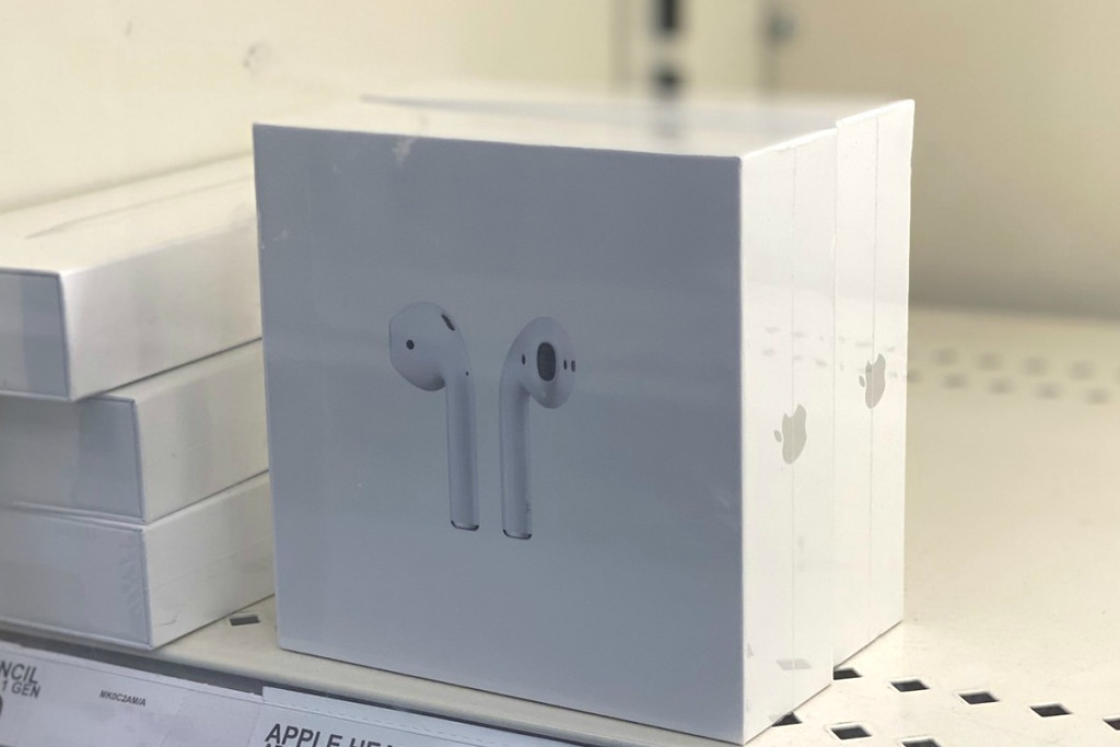 Apple airpods box on shelf at a store