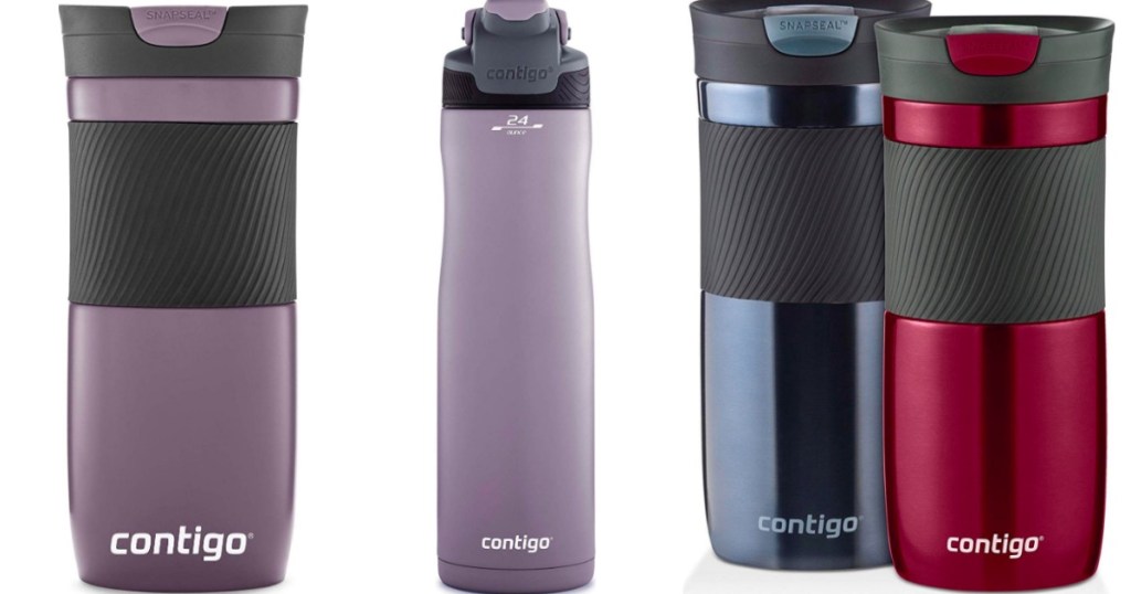 Various Contigo hot cold cups next to each other