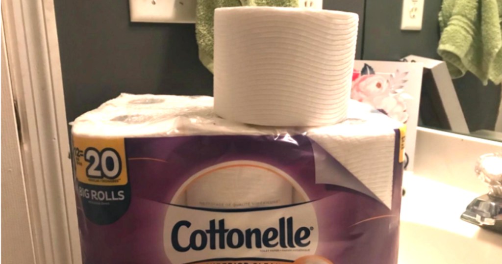 package of cottonelle toilet paper with roll on top