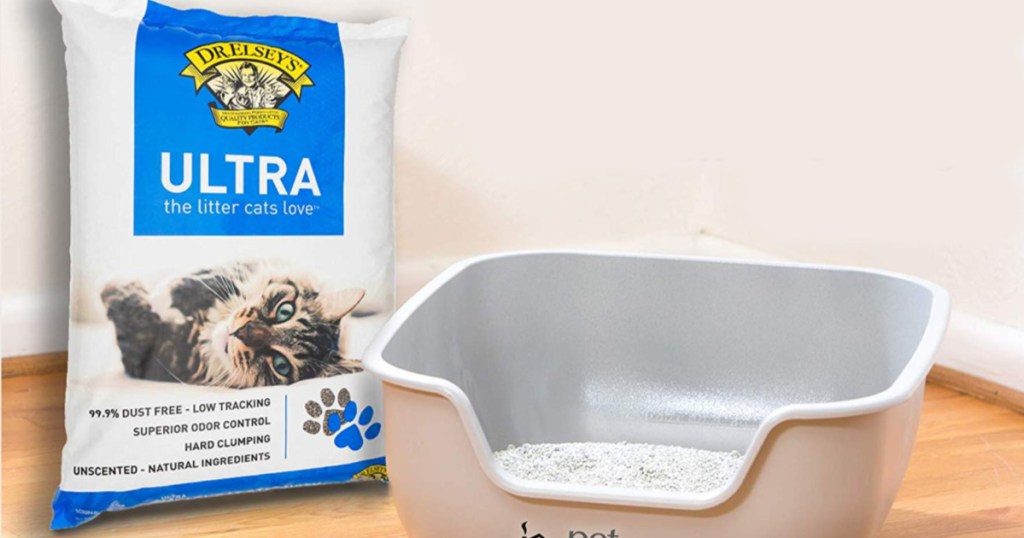 bag of Dr. Elsey’s Premium Clumping Cat Litter in house with litter box