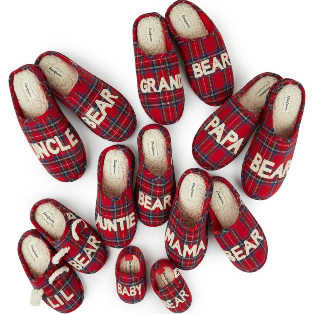 Entire collection of Dearfoams matching slippers in red plaid