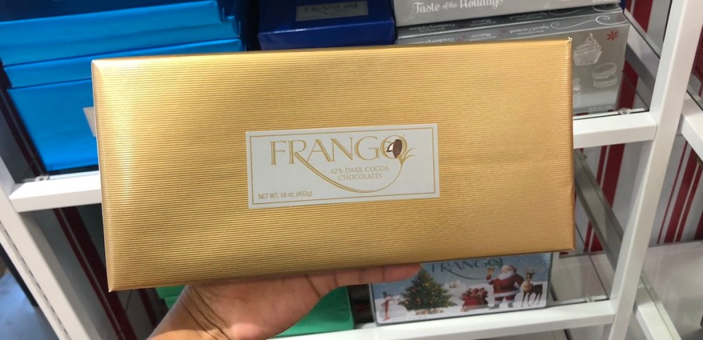 hand holding box of Frango Chocolates