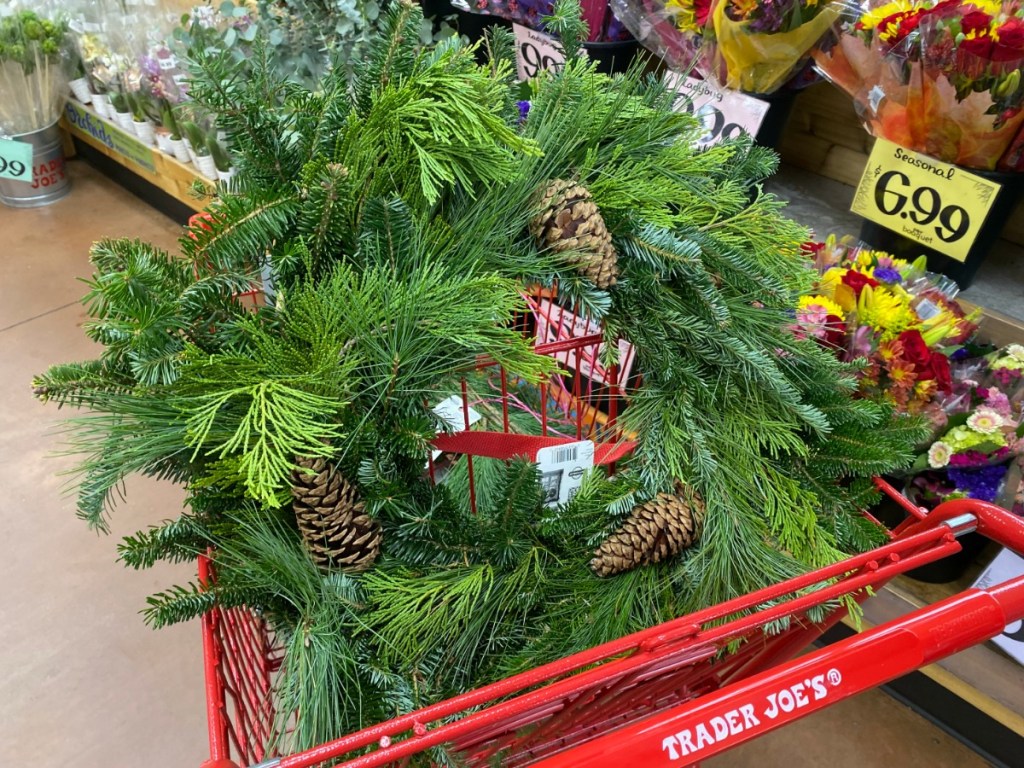 fresh wreath inside grocery cart