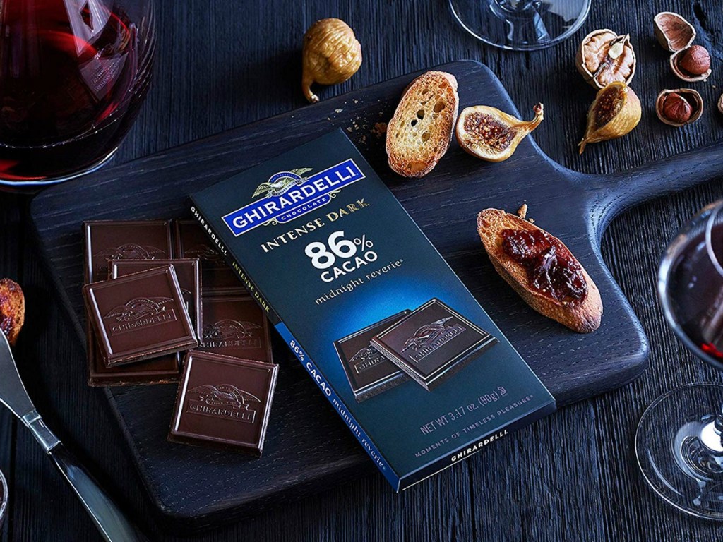 Ghirardelli chocolate squares with wine glass