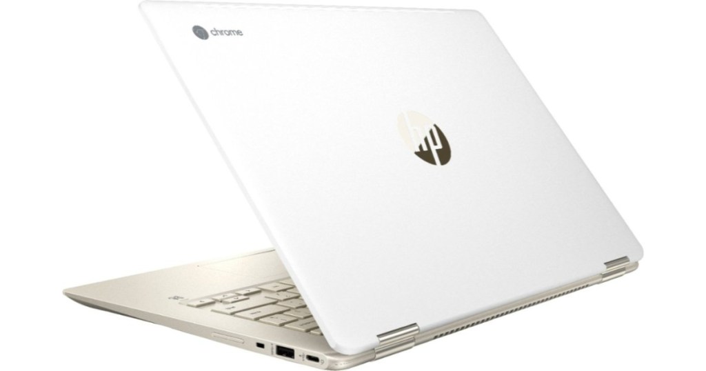 white computer with hp and chrome logo on front