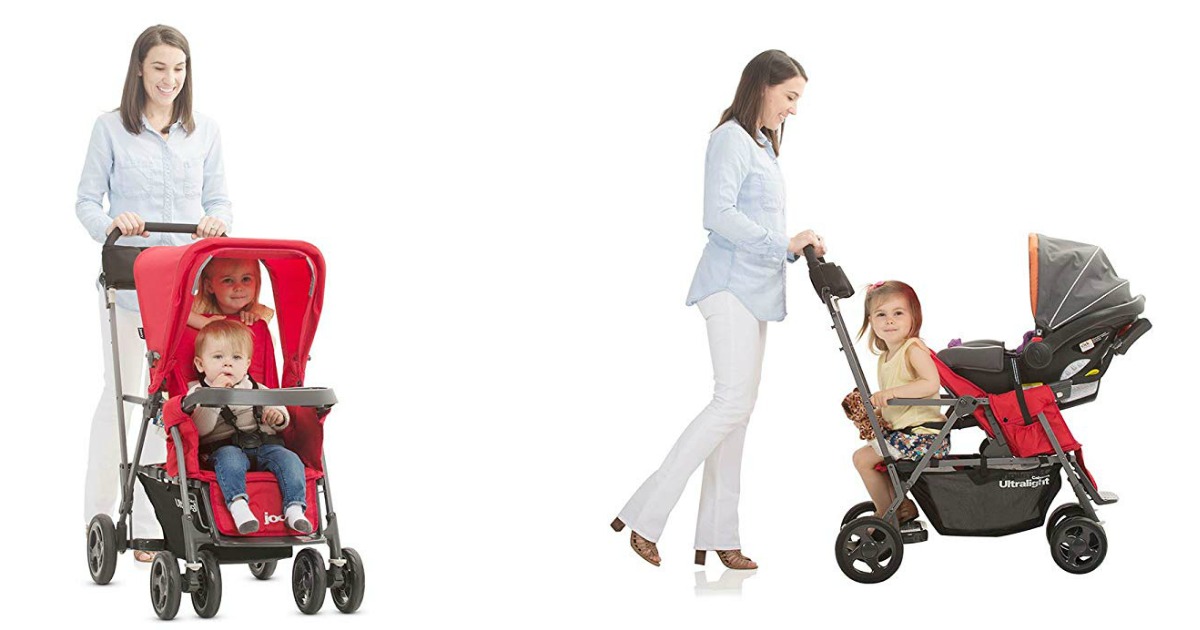 two views of woman pushing a red stroller with kids