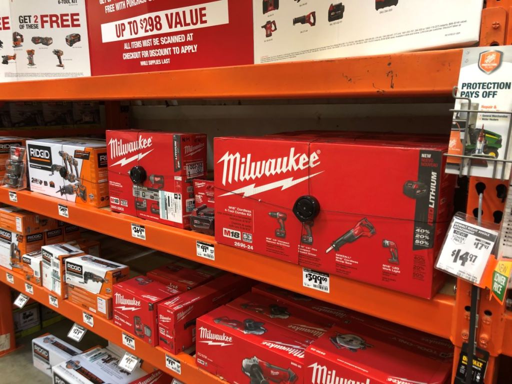 Milwaukee tools on shelf at Home Depot