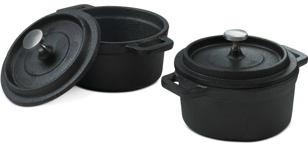 Two mini dutch ovens in black with coordinating lids