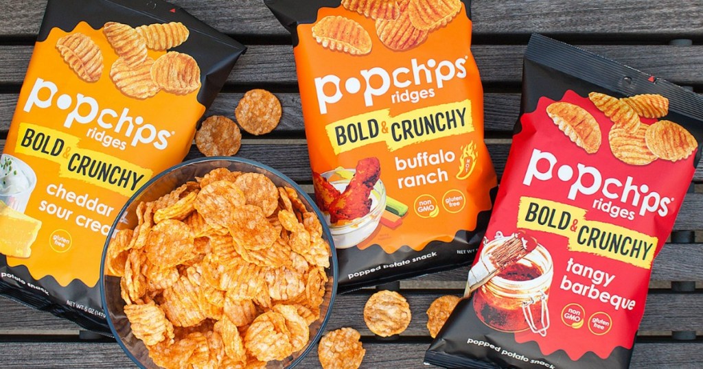 PopChips Bold varieties in bags near bowl of popchips