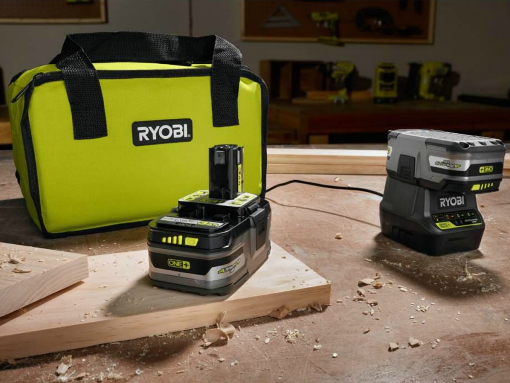 Ryobi Battery Charger and Storage Bag on work table