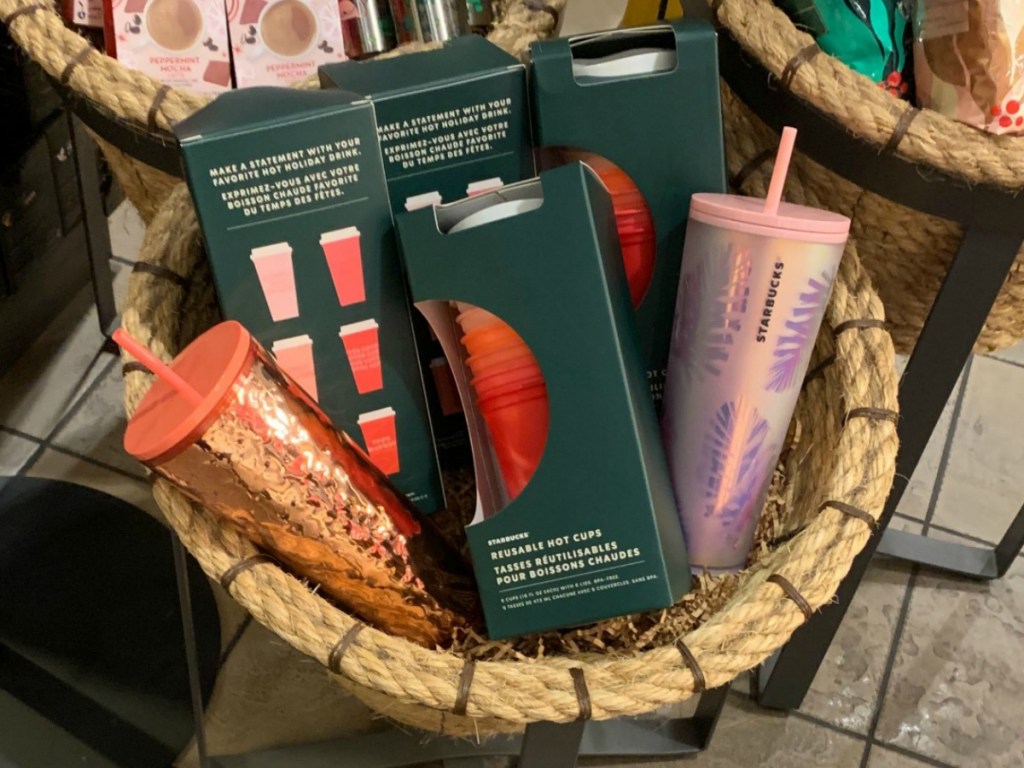 Starbucks Hot Beverage Cups in a basket at Starbucks